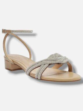 Schutz Women Beige Silver Jocelyn Rhinestone Block Leather Sandal Shoes Sz 5.5B